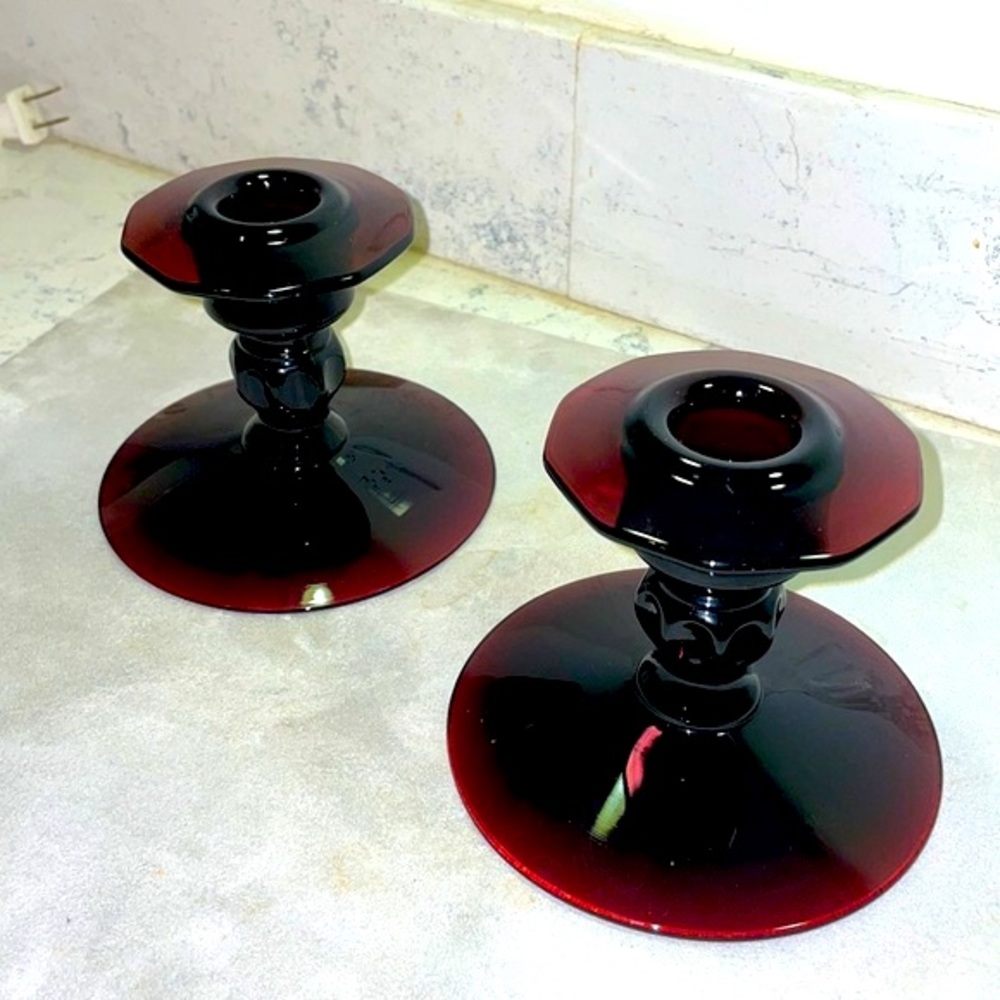 Pair of 2 Black Amethyst Candlestick Holders Decagon Pattern Excellent Condition - Picture 1 of 9